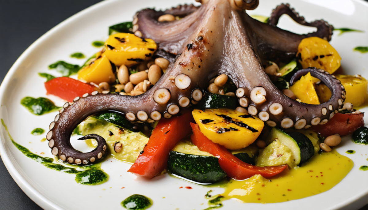 savourez notre délicate recette de poulpe grillé accompagné d'une purée de haricots blancs relevée à l'huile de chorizo, une harmonie élégante et simple pour une expérience marine raffinée.