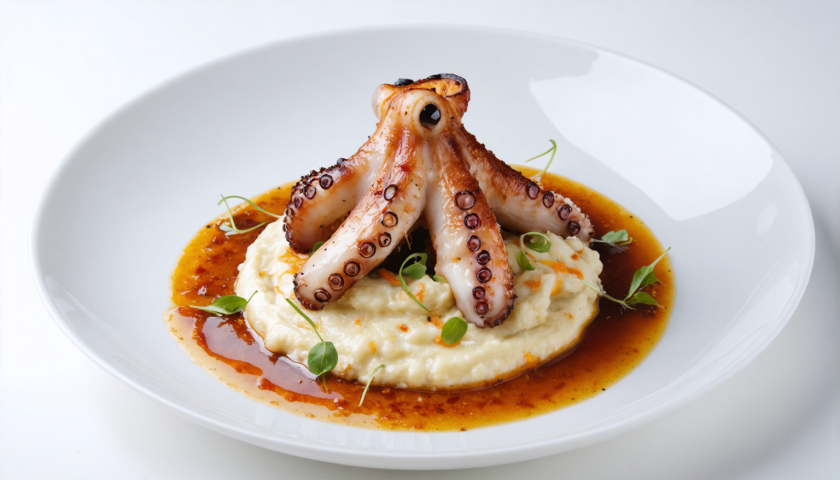 découvrez la recette élégante du poulpe grillé accompagné d'une purée de haricots blancs relevée à l'huile de chorizo, une délicatesse marine savoureuse et simple à préparer.