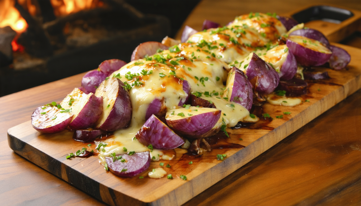 découvrez notre délicieuse raclette revisitée avec des oignons rouges caramélisés et des pommes de terre vitelottes pour une expérience gourmande et originale.