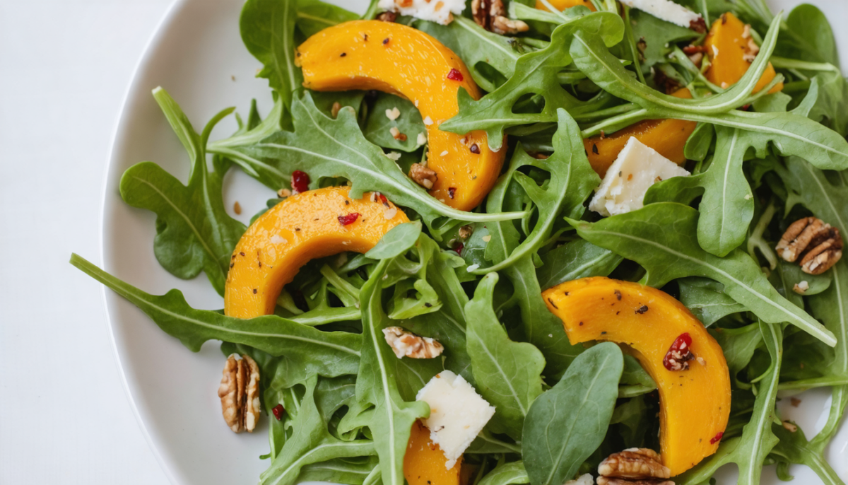 découvrez notre délicieuse salade automnale mêlant la douceur du butternut, la saveur des champignons sautés et le fondant irrésistible du fromage, parfaite pour une pause gourmande de saison.