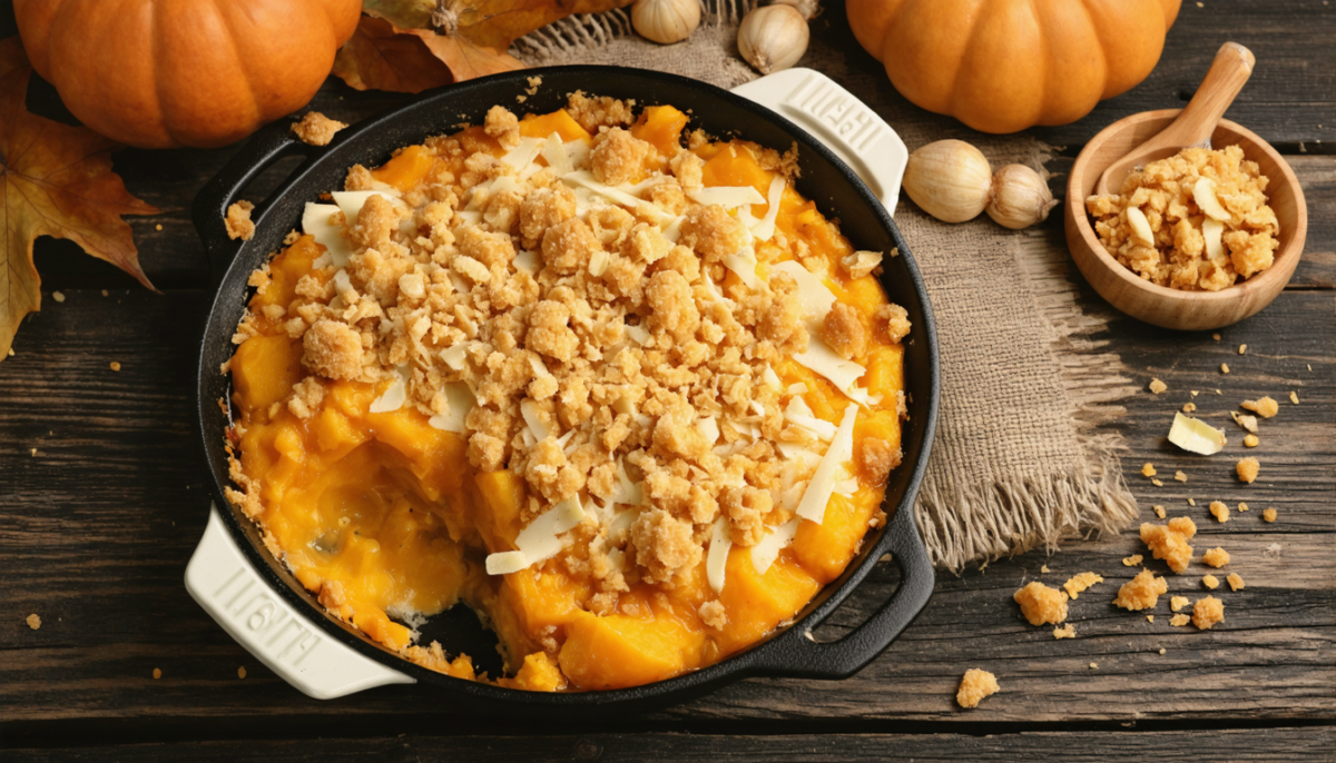 savourez l'automne avec notre crumble onctueux de butternut et fromage à raclette, une recette réconfortante et gourmande parfaite pour les soirées fraîches.