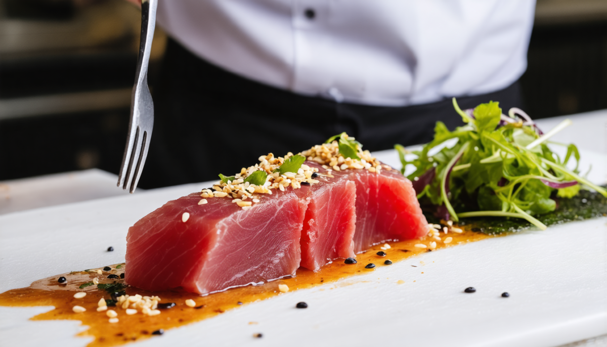 découvrez notre tataki de thon rouge au sésame, servi avec une fraîche salade d’algues pour une expérience culinaire saine et savoureuse.