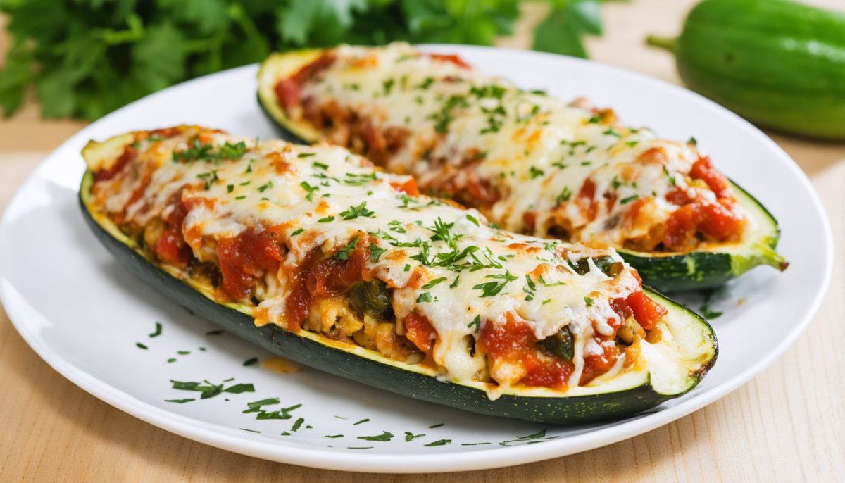 découvrez nos délices de courgettes farcies, garnies de viande hachée savoureuse, tomates fraîches et fromage fondant gratiné, pour un plat gourmand et facile à préparer.