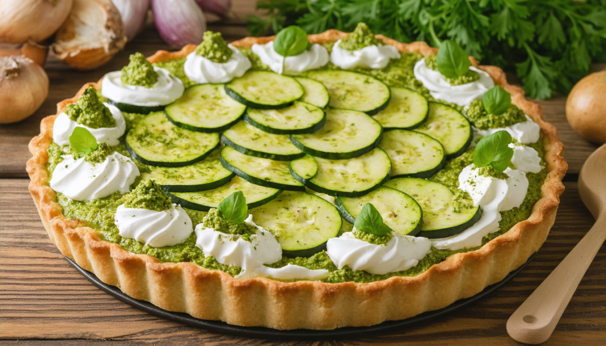découvrez notre recette rapide et savoureuse de tarte aux courgettes, burrata fondante et sauce crème de pesto, parfaite pour un repas gourmand et léger.