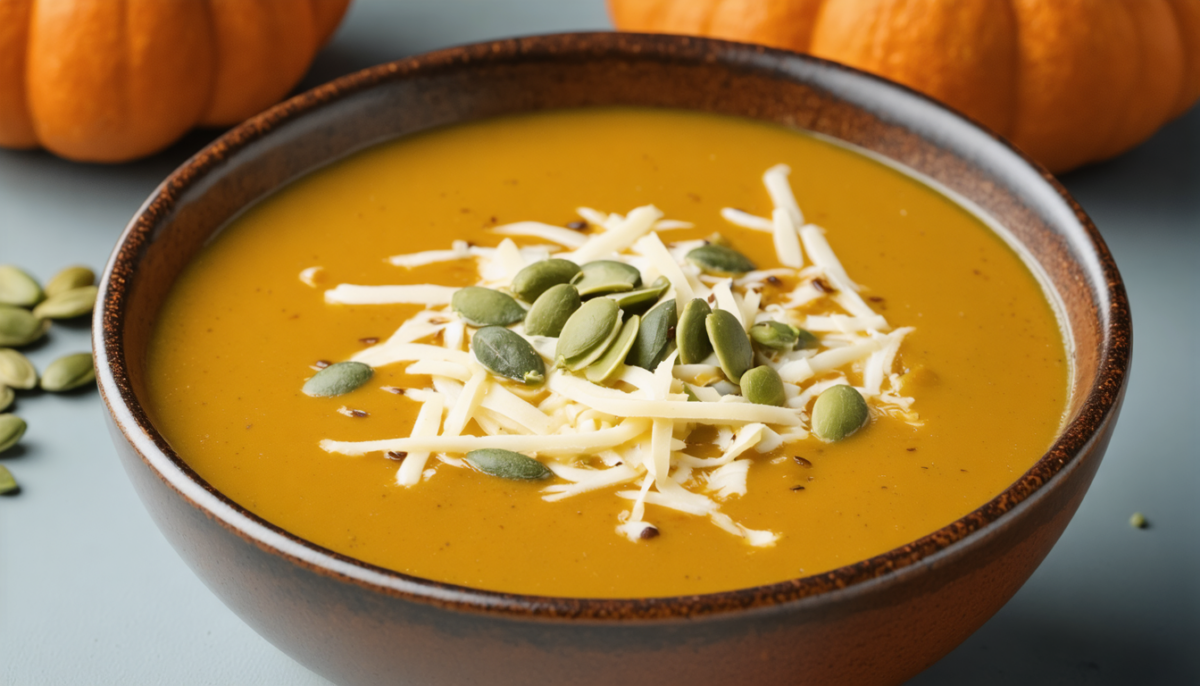 découvrez notre délicieuse soupe épicée de potiron agrémentée d'un fromage fondant, parfaite pour réchauffer vos soirées d'automne avec des saveurs riches et réconfortantes.