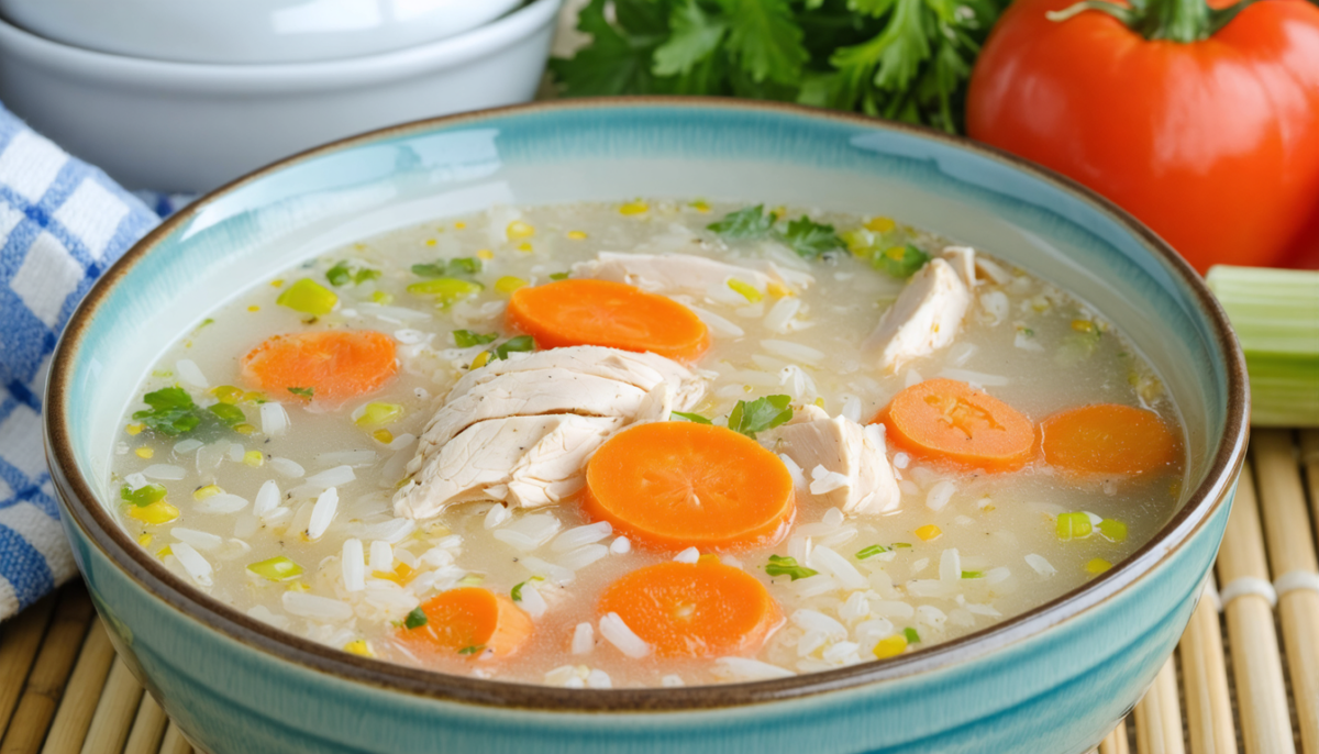 découvrez une recette facile de bouillon de poulet léger aux saveurs douces, accompagnée de riz et carottes, parfaite pour un repas réconfortant et sain.