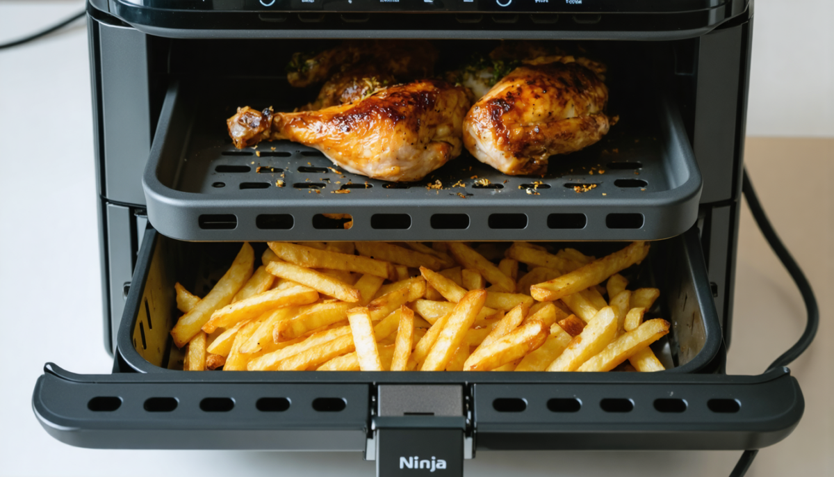 découvrez la friteuse ninja double stack xl sl400euwh de 9,5 l pour une cuisson saine sans huile. préparez facilement vos plats préférés avec une technologie innovante et un grand volume.