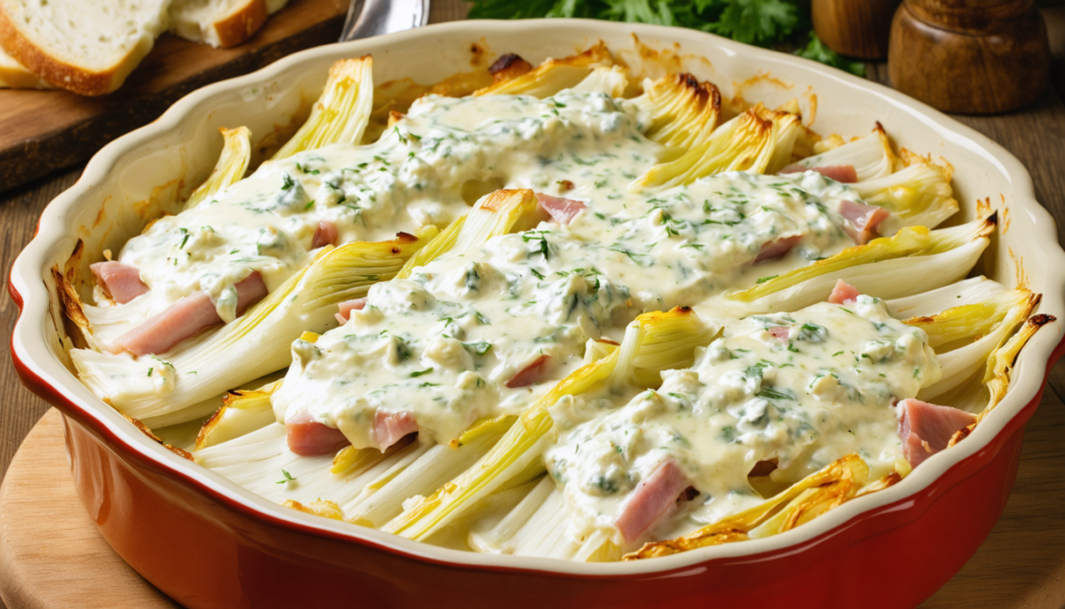 découvrez notre recette savoureuse de gratin d’endives au jambon, généreusement nappé d’une crème au bleu onctueuse pour un plat réconfortant et gourmand.