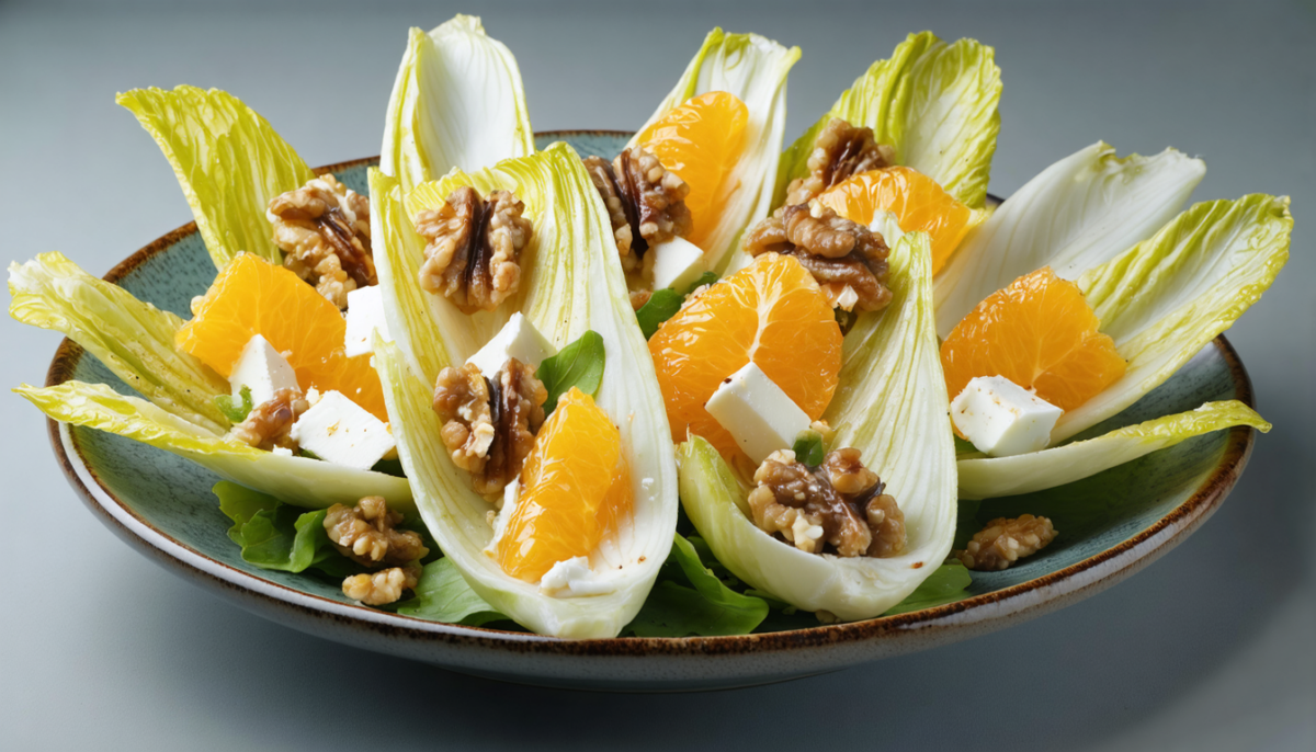 découvrez une salade croquante et savoureuse alliant la fraîcheur des endives, la douceur acidulée de l'orange, le croquant des noix grillées et la richesse du fromage de brebis pour un délice gourmand et équilibré.