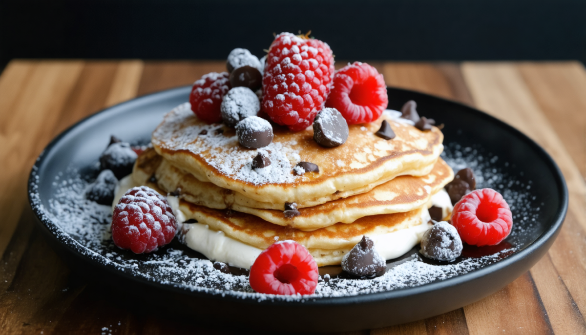 découvrez notre recette irrésistible de pancakes moelleux garnis de crème de fromage frais et d'éclats de chocolat, pour un petit-déjeuner gourmand et savoureux.