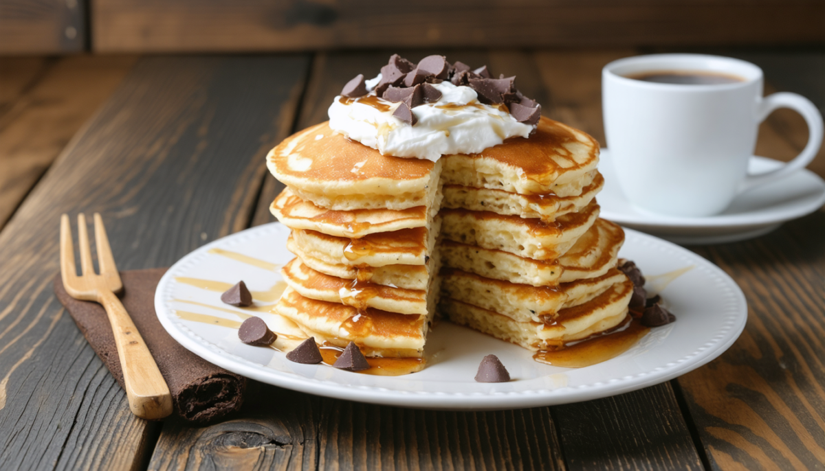 découvrez notre recette facile et gourmande de pancakes moelleux garnis de crème de fromage frais et parsemés d'éclats de chocolat pour un petit-déjeuner irrésistible.