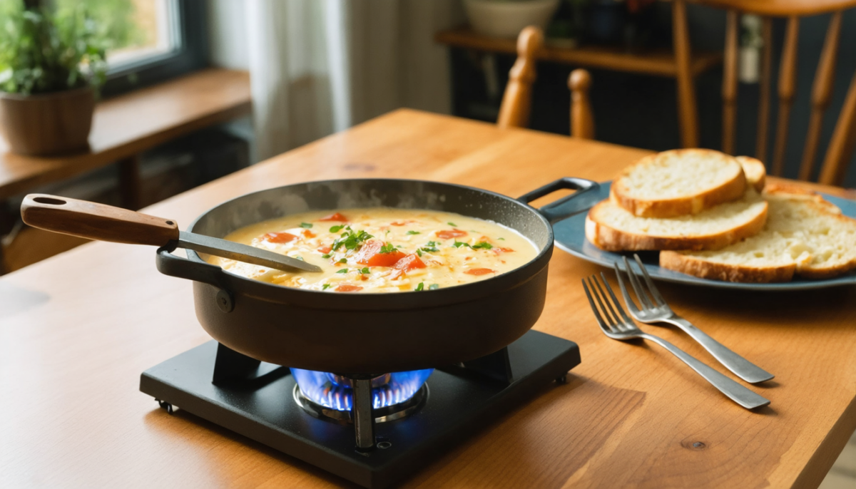 savourez une fondue onctueuse au camembert normand, relevée d’un cidre pétillant, pour un délice authentique et gourmand.