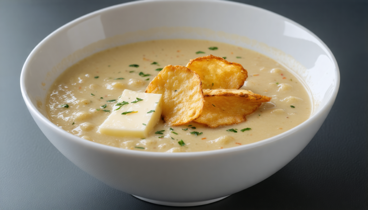 découvrez notre recette raffinée de délice velouté de topinambours, sublimé par des chips croustillantes de magret séché et un fromage fondant pour une expérience gustative savoureuse et élégante.