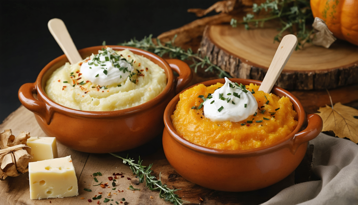 découvrez notre délice automnal, un duo gourmand de purées veloutées de céleri et potimarron sublimées par la douceur du fromage frais, parfait pour réchauffer vos repas d'automne.