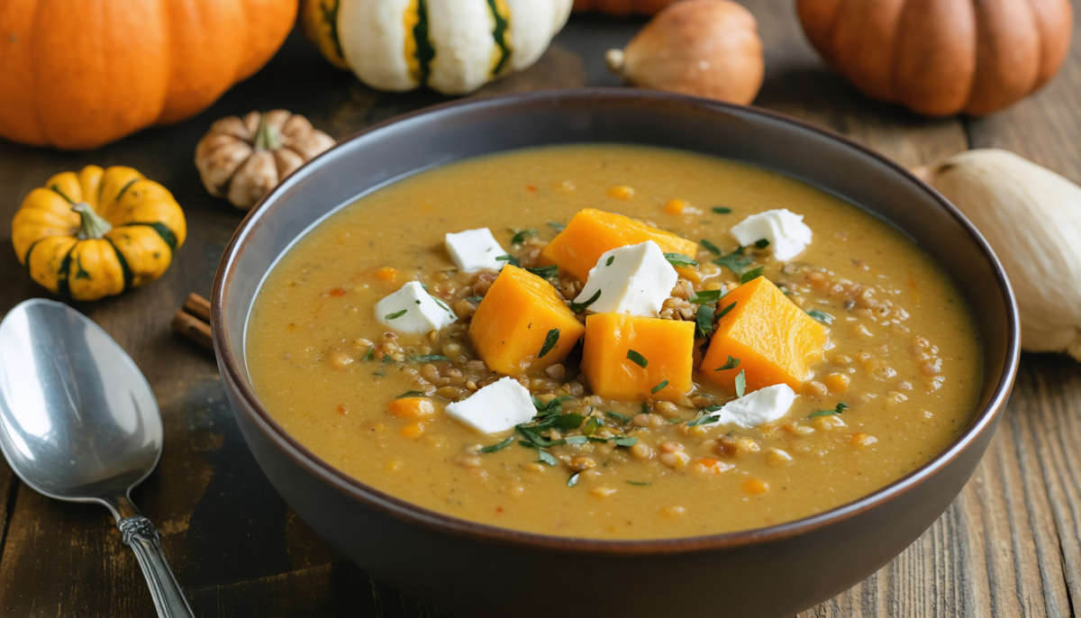 savourez une délicieuse soupe réconfortante aux lentilles corail, courge rôtie et fromage de chèvre fondant, parfaite pour une pause gourmande et saine.