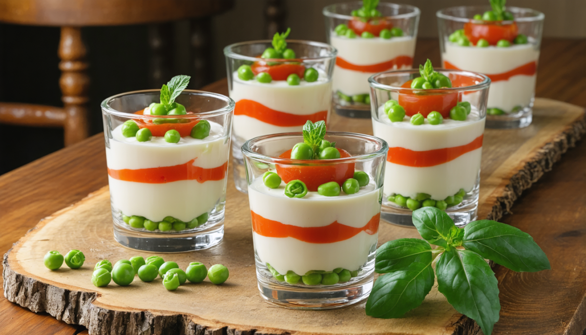 découvrez notre recette gourmande et raffinée de panna cotta au fromage frais, accompagnée d'une crème de tomate parfumée et de petits pois frais, pour une entrée délicate et savoureuse.