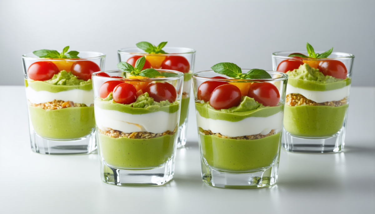 découvrez nos verrines express savoureuses alliant avocat crémeux, tofu soyeux et tomates cerises fraîches, parfaites pour une entrée légère et gourmande en un rien de temps.