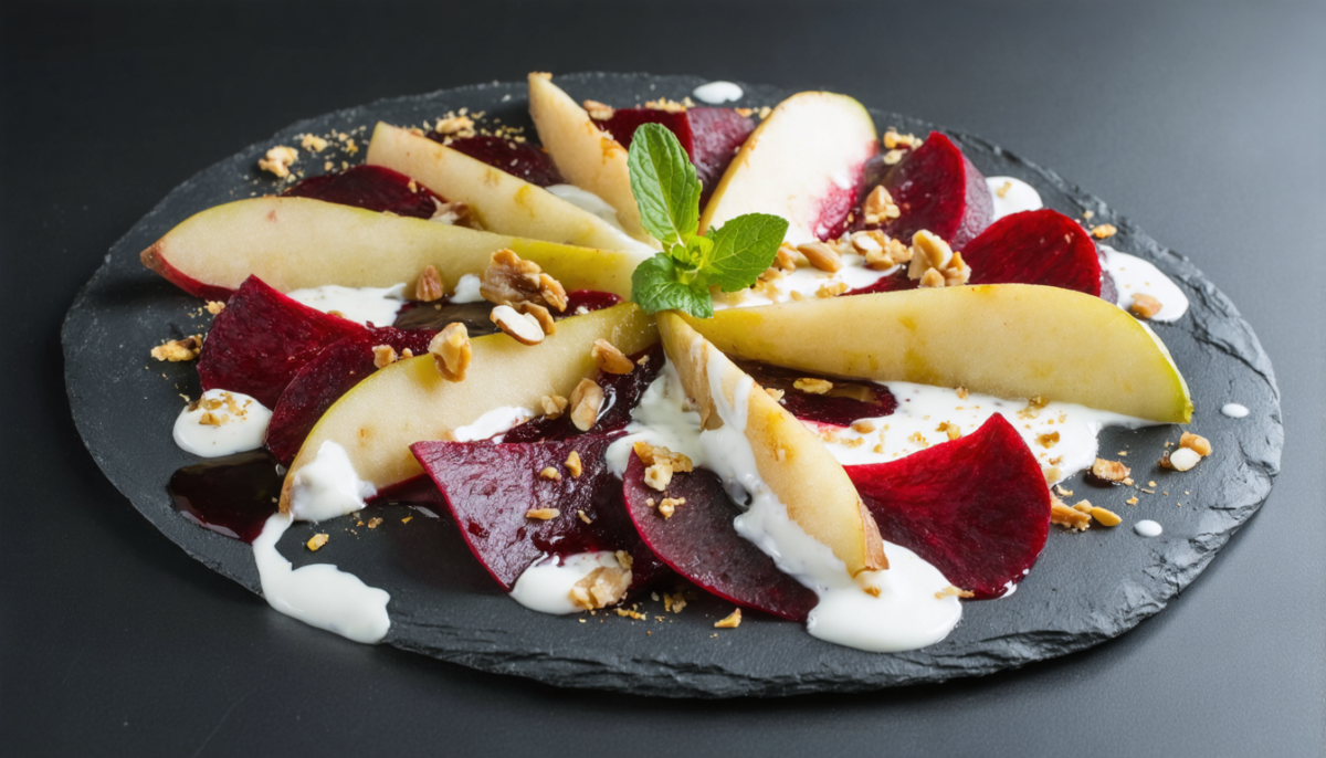 découvrez notre délice croquant : un carpaccio de betterave et poires, accompagné de noisettes torréfiées et d'une sauce onctueuse au yaourt, pour une entrée fraîche et gourmande.