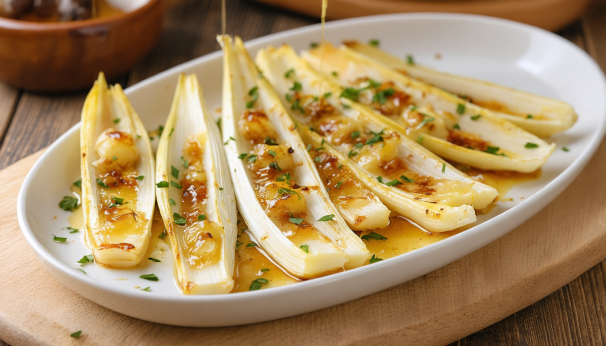 découvrez une recette savoureuse et réconfortante d’endives braisées au miel accompagnées d'une fondue au fromage à raclette fondante, parfaite pour un repas gourmand et chaleureux.
