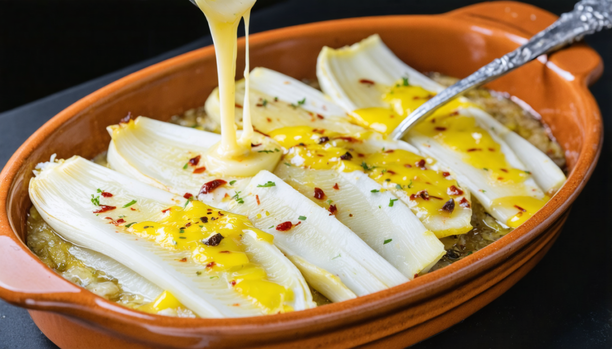 découvrez une recette savoureuse et réconfortante : délice d’endives braisées au miel accompagnées d’une fondue au fromage à raclette, parfaite pour un repas chaleureux.