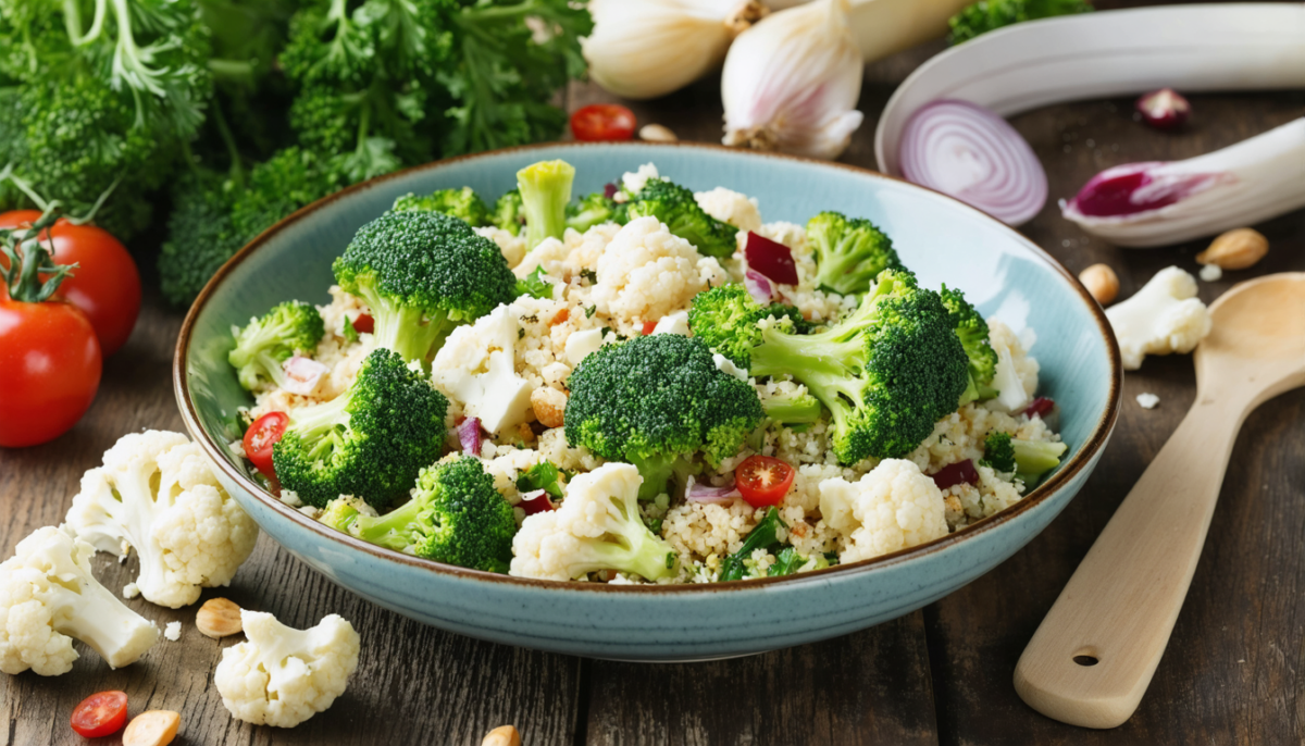 découvrez notre salade d'hiver délicieuse et saine : un taboulé revisité avec du brocoli croquant, du chou-fleur frais et du fromage frais onctueux, parfait pour vos repas équilibrés.