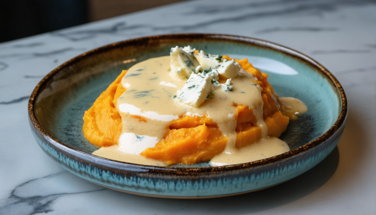 découvrez une onctueuse purée de patate douce et panais, délicatement nappée d'une crème de bleu fondante pour un mariage de saveurs riche et réconfortant.