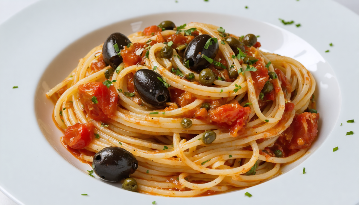 découvrez notre recette revisitée de spaghetti alla puttanesca, légère et pleine de saveurs méditerranéennes avec tomates fraîches, olives, câpres et anchois pour un plat savoureux et équilibré.