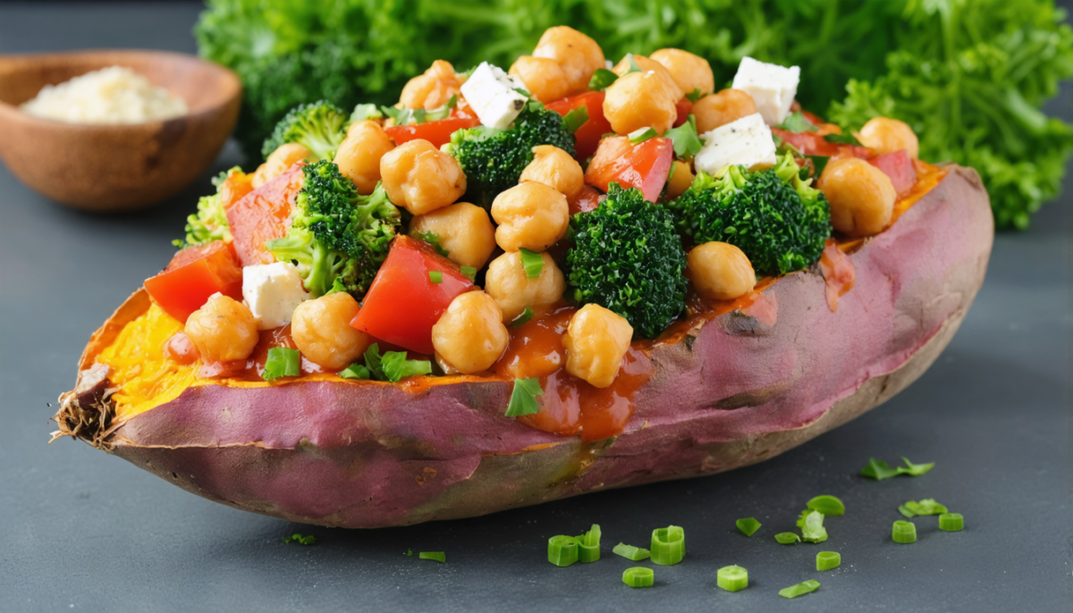 savourez une patate douce farcie généreusement aux pois-chiches nutritifs, brocolis croquants et feta fondante pour un plat sain, gourmand et facile à préparer.