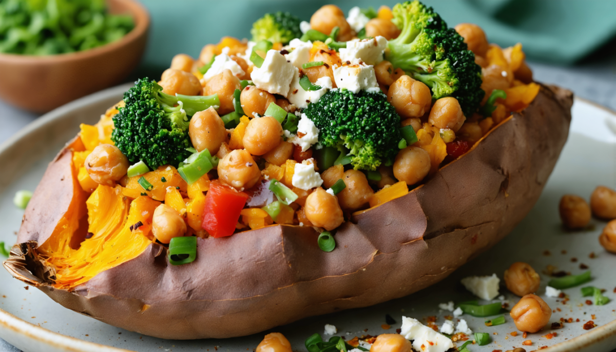 découvrez notre recette savoureuse de patate douce farcie aux pois-chiches, brocolis croquants et feta fondante, parfaite pour un repas sain et gourmand.