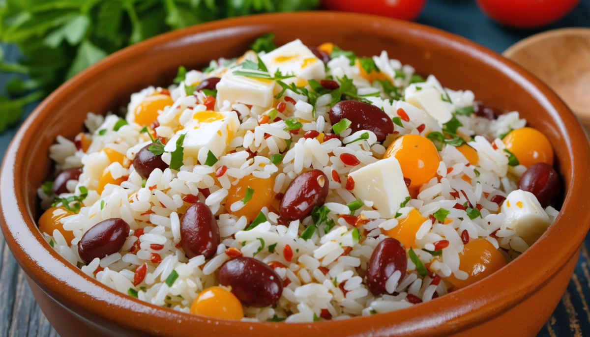 savourez une salade de riz colorée et gourmande, mélangeant haricots rouges croquants et billes de fromage fondantes, parfaite pour un repas sain et délicieux.