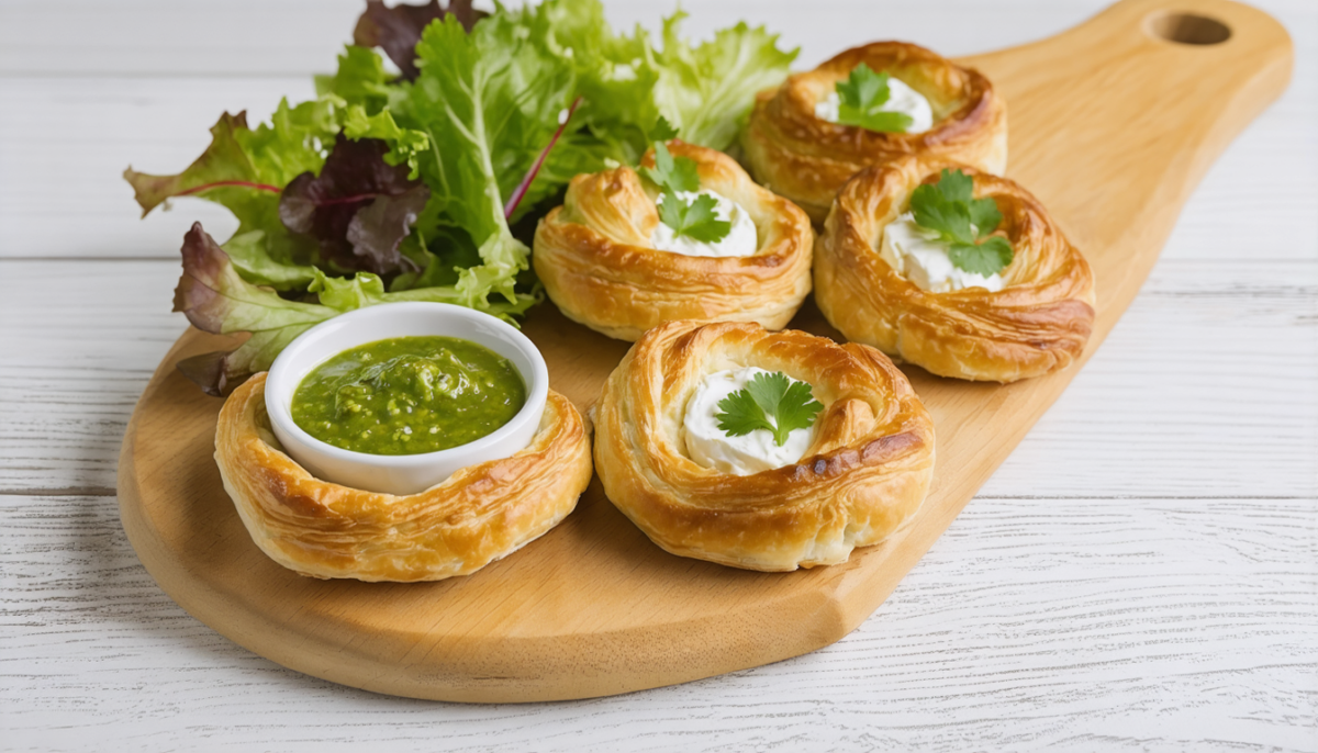 découvrez nos délicieux feuilletés au camembert, croustillants et fondants, accompagnés d'une sauce fraîche à la coriandre pour un goût unique et raffiné.