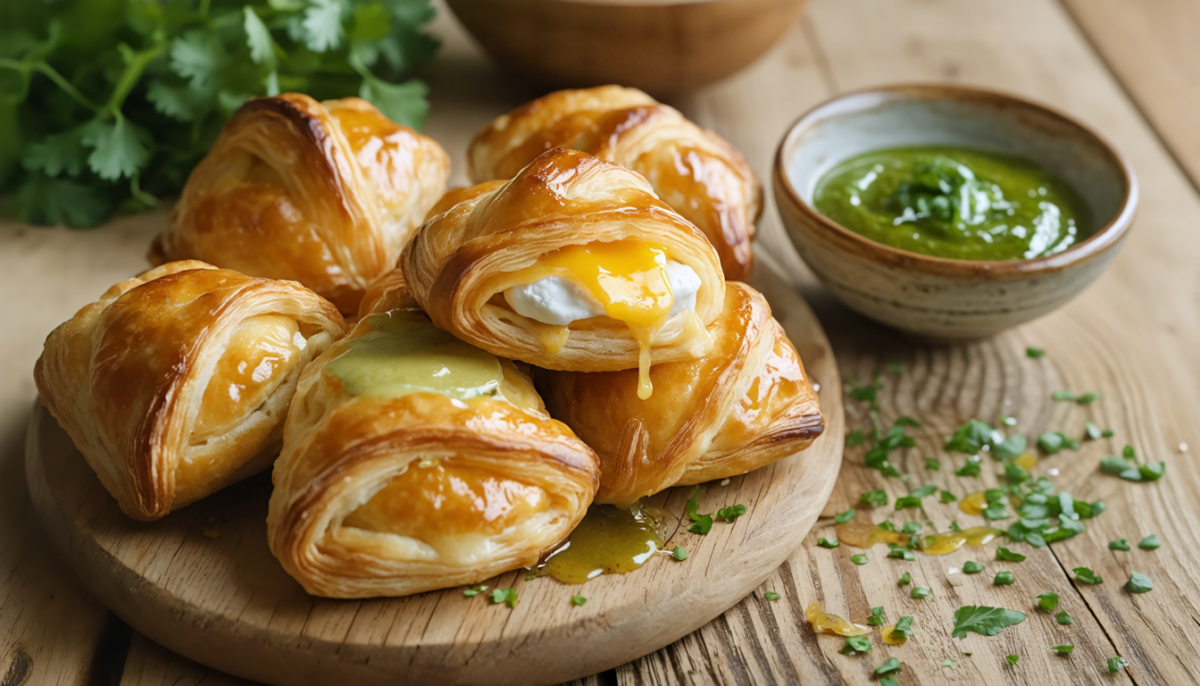 découvrez notre recette savoureuse de feuilletés au camembert croustillants, servis avec une sauce fraîche et parfumée à la coriandre, idéale pour un apéritif gourmand et original.