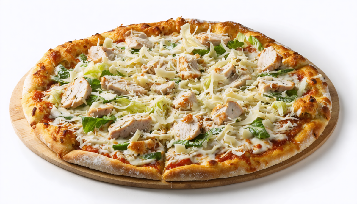 savourez notre délicieuse pizza césar garnie de généreux copeaux de parmesan, alliant fraîcheur et saveurs italiennes authentiques pour un plaisir inégalé.
