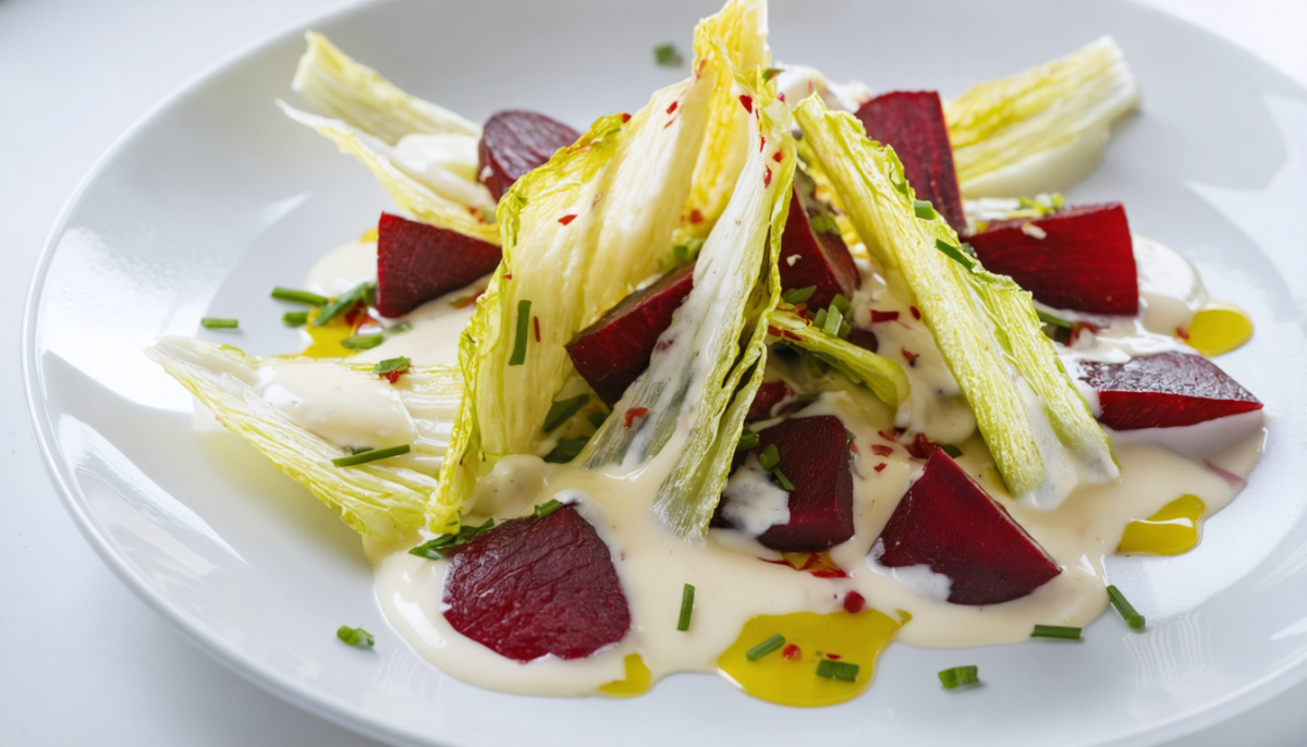 découvrez une salade croquante et savoureuse alliant la fraîcheur des endives et la douceur des betteraves, le tout nappé d'un fromage frais à l'ail et aux fines herbes pour une explosion de saveurs.