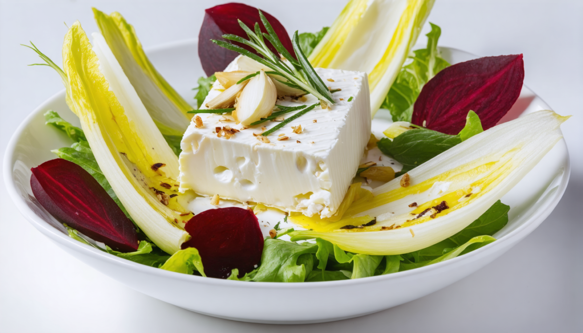 découvrez notre salade croquante d'endives et betteraves, délicatement nappée de fromage frais à l'ail et fines herbes, pour un mélange savoureux et frais.
