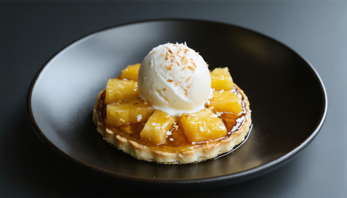 découvrez notre délice exotique : une mini tarte tatin à l'ananas caramélisé, accompagnée d'un sorbet coco délicatement rafraîchissant, pour une expérience gourmande et tropicale irrésistible.
