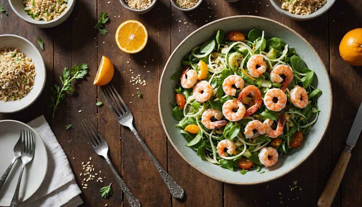 Recette minceur : salade fraîche et légère au fenouil croquant, crevettes savoureuses, graines de sésame et éclats d'orange