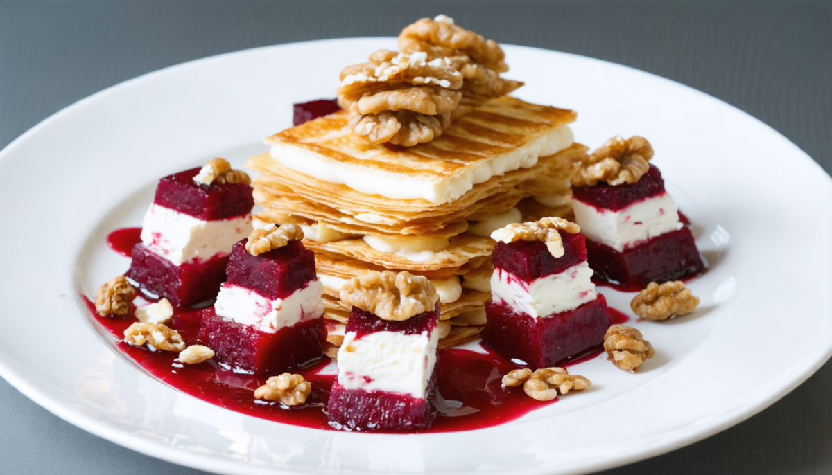 découvrez une recette savoureuse de millefeuille de betterave au fromage de chèvre, un délice en couches alliant fraîcheur et gourmandise pour vos repas.
