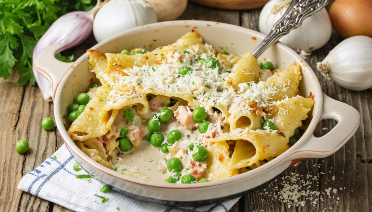 découvrez notre gratin léger de pâtes au thon et petits pois, nappé d'une béchamel onctueuse, pour un repas savoureux et équilibré.