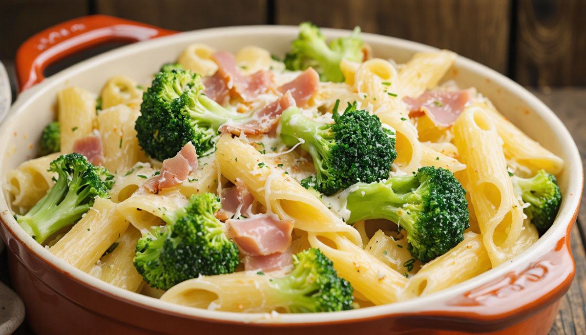 savourez un gratin de pâtes aux brocolis et jambon, nappé d'une sauce blanche légère et crémeuse, pour un repas gourmand et équilibré.