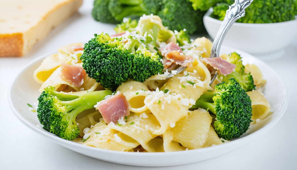 savourez un gratin de pâtes onctueux aux brocolis croquants et jambon savoureux, le tout nappé d'une sauce blanche légère et délicate, idéal pour un repas gourmand et équilibré.