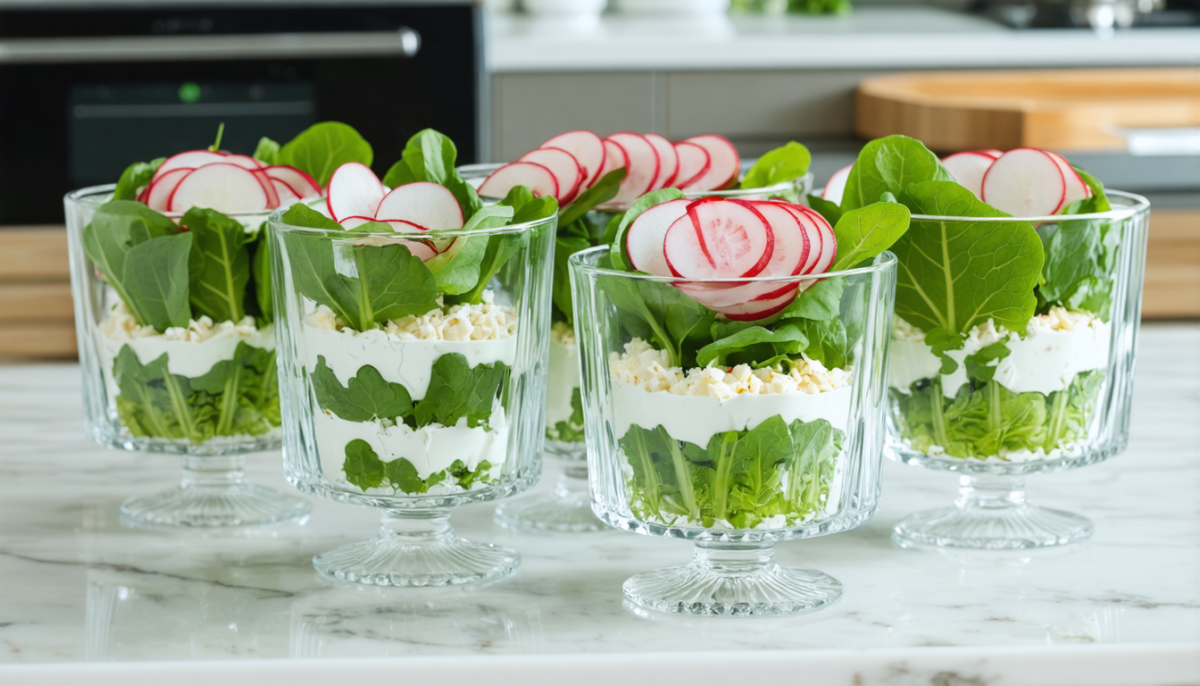 découvrez la recette savoureuse des délices en verrines avec fanes de radis et fromage, une idée fraîche et gourmande pour vos apéritifs ou entrées.