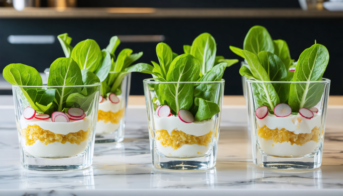 découvrez une recette savoureuse de délices en verrines alliant la fraîcheur des fanes de radis au crémeux du fromage, parfaite pour un apéritif original et gourmand.