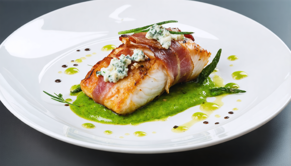 savourez notre recette de cabillaud rôti enrobé de lard croustillant et rehaussé d'un fromage bleu parfumé pour un plat délicieux et gourmand.