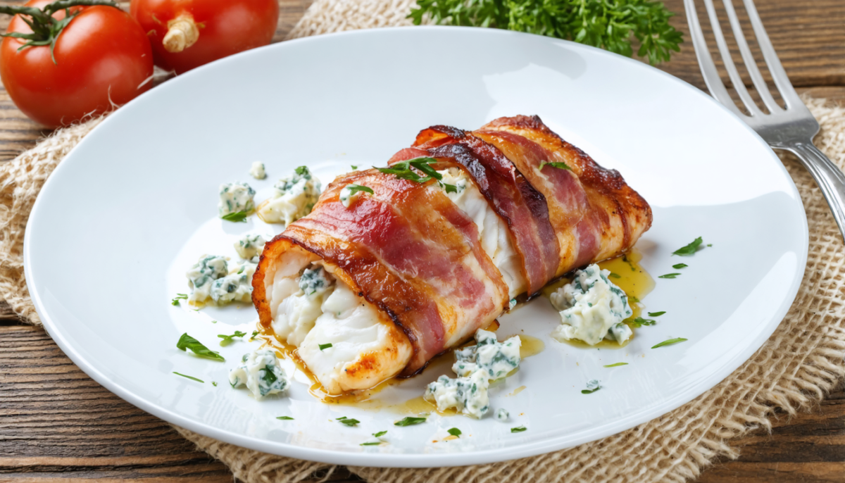 découvrez notre recette savoureuse de cabillaud rôti enveloppé de lard et parfumé au fromage bleu pour un plat gourmand et plein de saveurs.