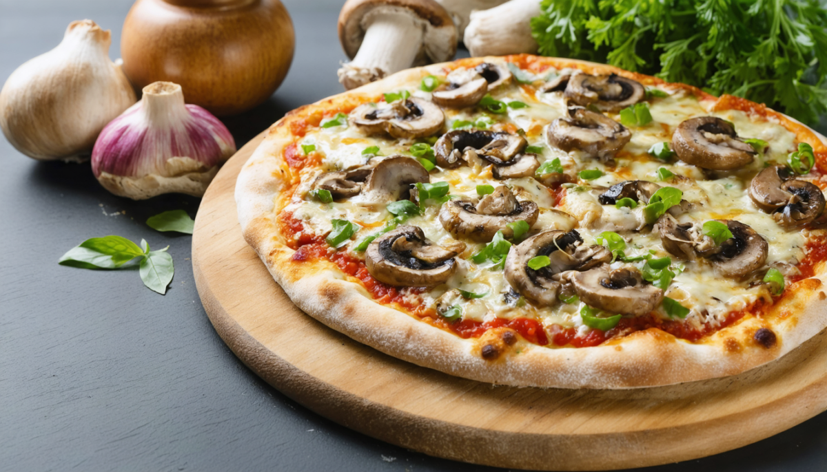 savourez notre délicieuse pizza végétarienne légère garnie de champignons de paris frais, parfaite pour un repas sain et gourmand.