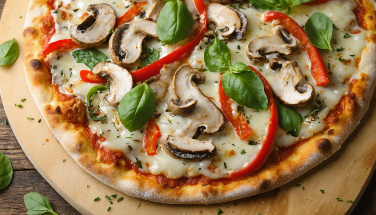 savourez notre délicieuse pizza végétarienne légère garnie de champignons de paris frais, parfaite pour un repas sain et gourmand.