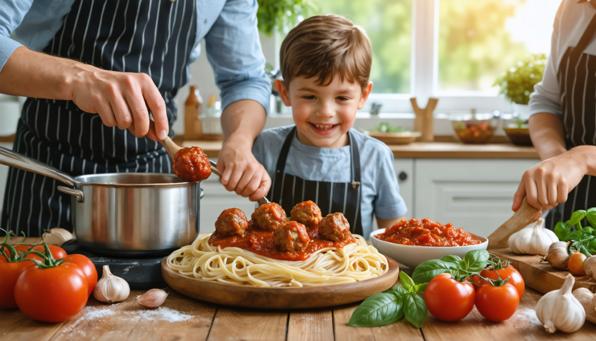 découvrez une recette ludique de pâtes aux boulettes de poulet allégées avec une sauce tomate maison, parfaite pour cuisiner en famille et régaler petits et grands.