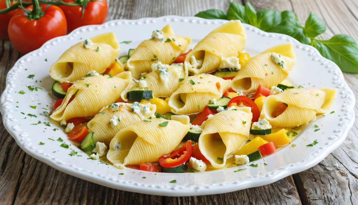savourez nos conchiglioni généreusement farcis de légumes croquants et de fromage bleu fondant, pour un plat gourmand et plein de fraîcheur.