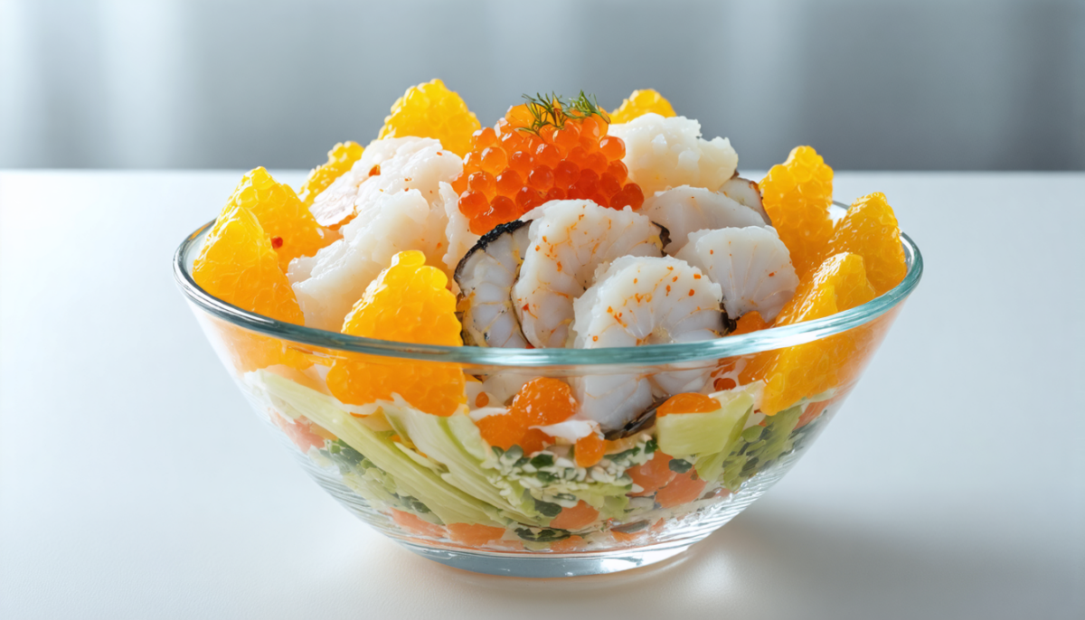 découvrez notre salade fraîche et savoureuse alliant hareng, pommes de terre et tobiko yuzu pour une explosion de saveurs marines et acidulées.